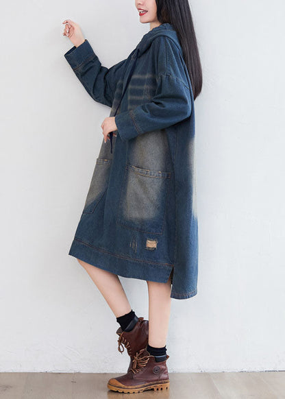 Navy Hooded Pockets Patchwork Denim Dresses Spring