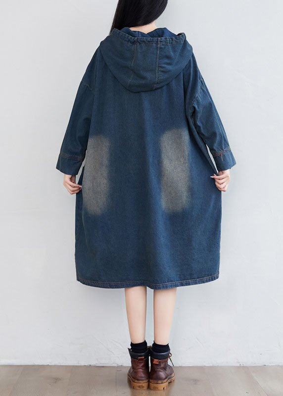 Navy Hooded Pockets Patchwork Denim Dresses Spring