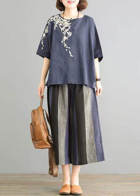 Navy O-neck Embroideried Striped Linen Tops and Straight Pants Two Pieces Set Short Sleeve