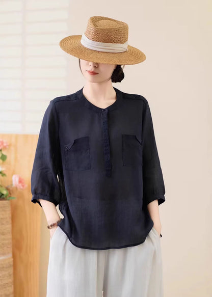 Navy O Neck Pockets Linen Top Summer