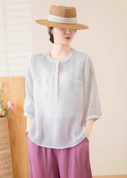 Navy O Neck Pockets Linen Top Summer