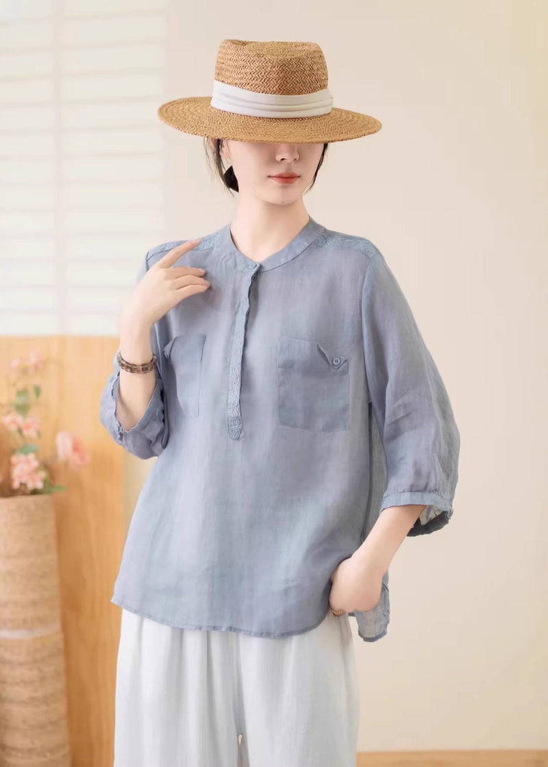 Navy O Neck Pockets Linen Top Summer