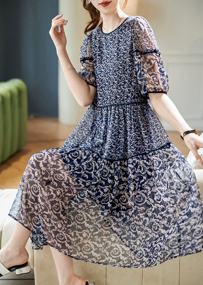 Navy O Neck Print Patchwork Chiffon Dresses Summer