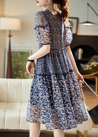 Navy O Neck Print Patchwork Chiffon Dresses Summer