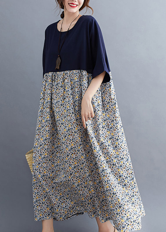 Navy O-neck Print Patchwork Maxi Dresses Half Sleeve
