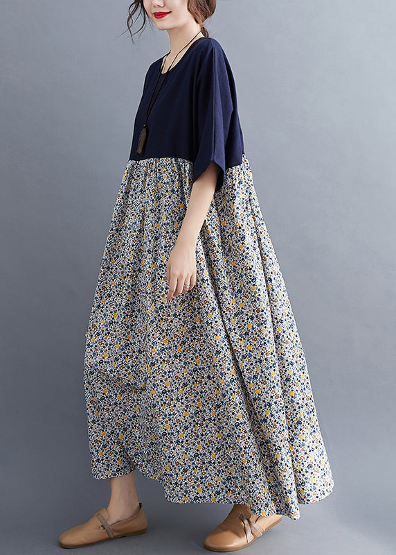 Navy O-neck Print Patchwork Maxi Dresses Half Sleeve