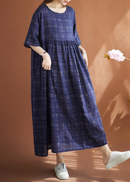 Navy Oversized Plaid Linen Maxi Dresses Summer