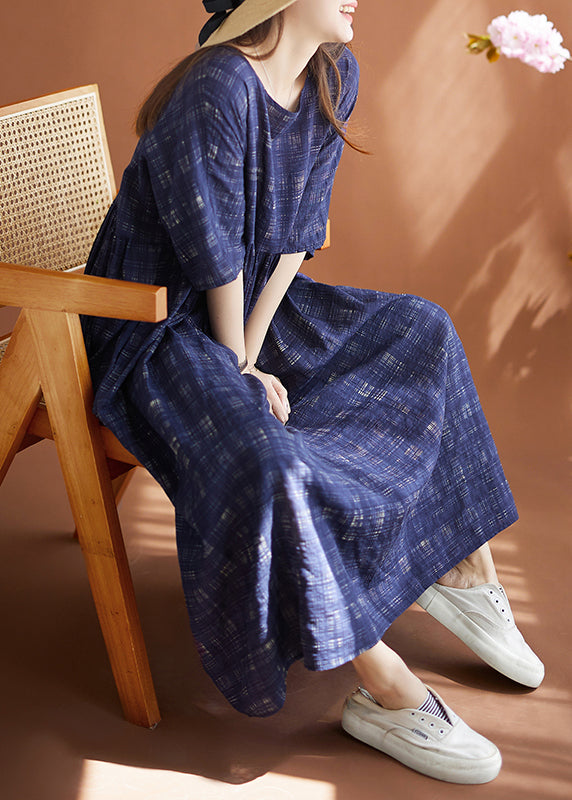 Navy Oversized Plaid Linen Maxi Dresses Summer