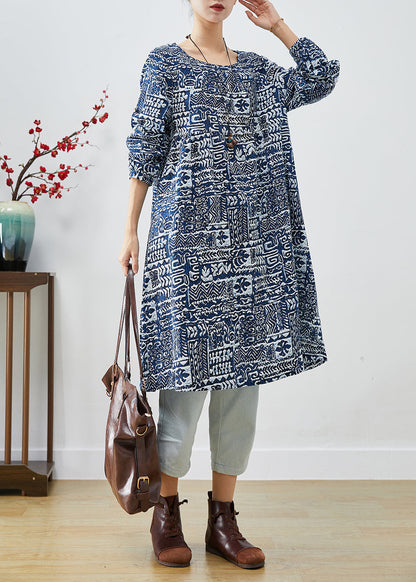 Navy Oversized Print Linen Dress Fall