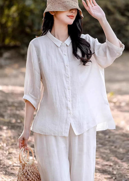 Navy Peter Pan Collar Button Linen Blouse Top Summer