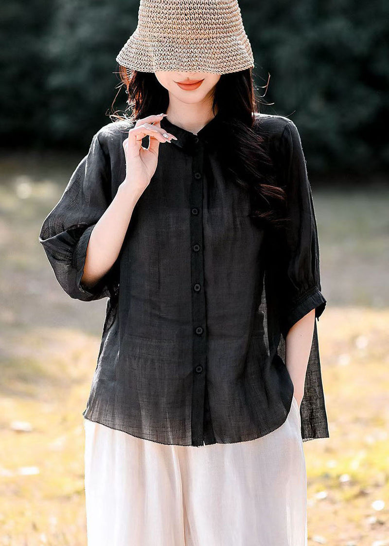 Navy Peter Pan Collar Button Linen Blouse Top Summer