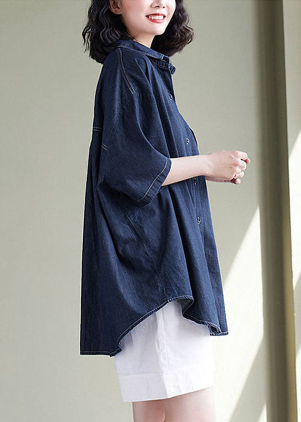 Navy Peter Pan Collar Patchwork Denim Shirt Top Summer