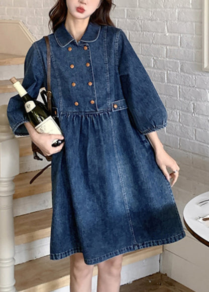 Navy Peter Pan Collar Wrinkled Patchwork Denim Long a Line Dress Spring