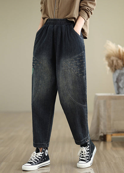 Navy Pockets Elastic Waist Denim Pants Fall