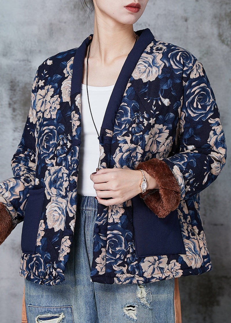 Navy Print Chinese Button Warm Fleece Coat Spring