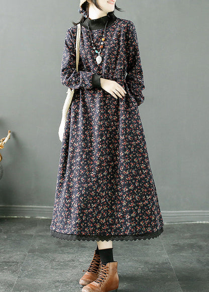 Navy Print Lace Up Patchwork Fleece Long Dress Winter