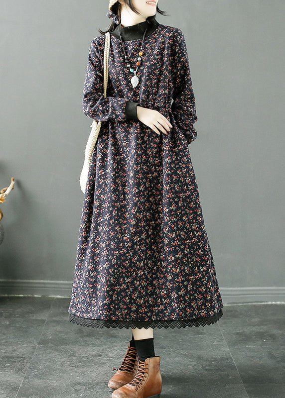 Navy Print Lace Up Patchwork Fleece Long Dress Winter