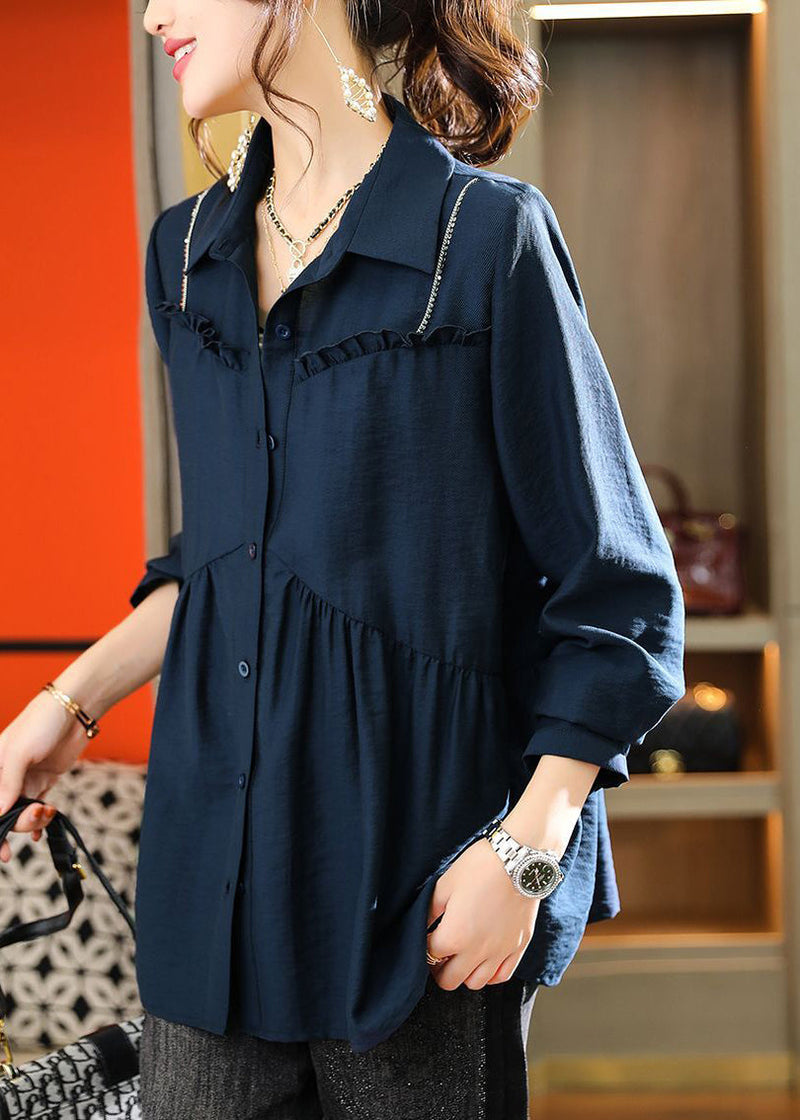 Navy Ruffled Patchwork Wrinkled Cotton Shirt Top Summer