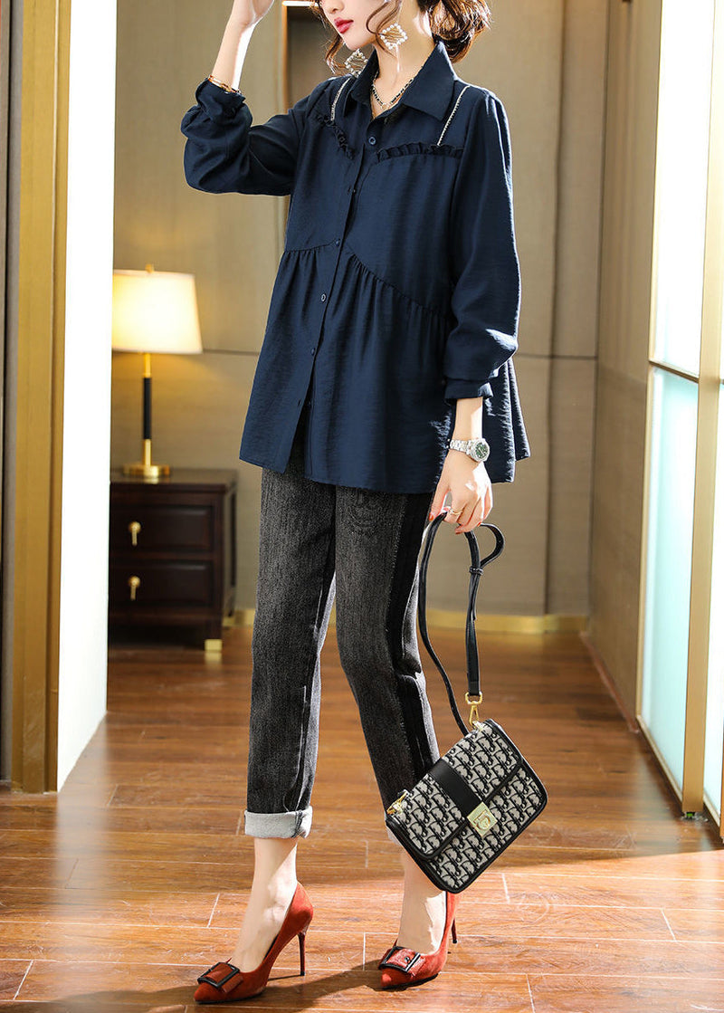Navy Ruffled Patchwork Wrinkled Cotton Shirt Top Summer