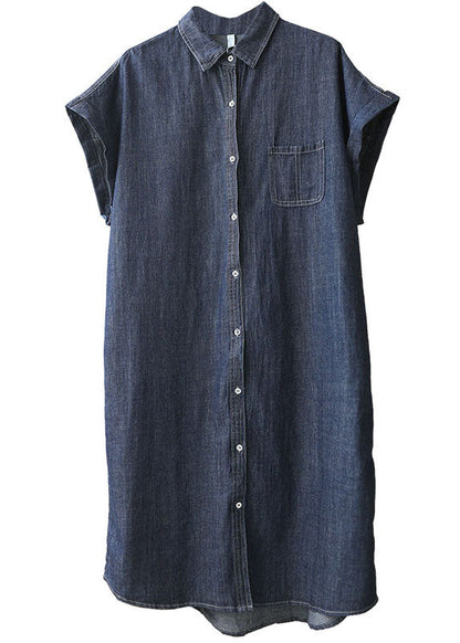 Navy Color Peter Pan Collar Button Cotton Denim Dresses Short Sleeve