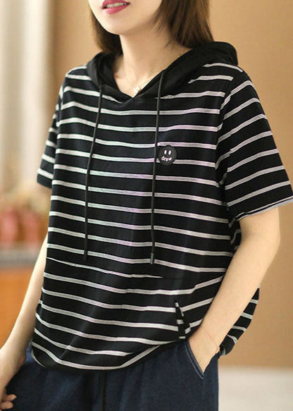 Navy Striped Drawstring Hooded Cotton Pullover Short Sleeve