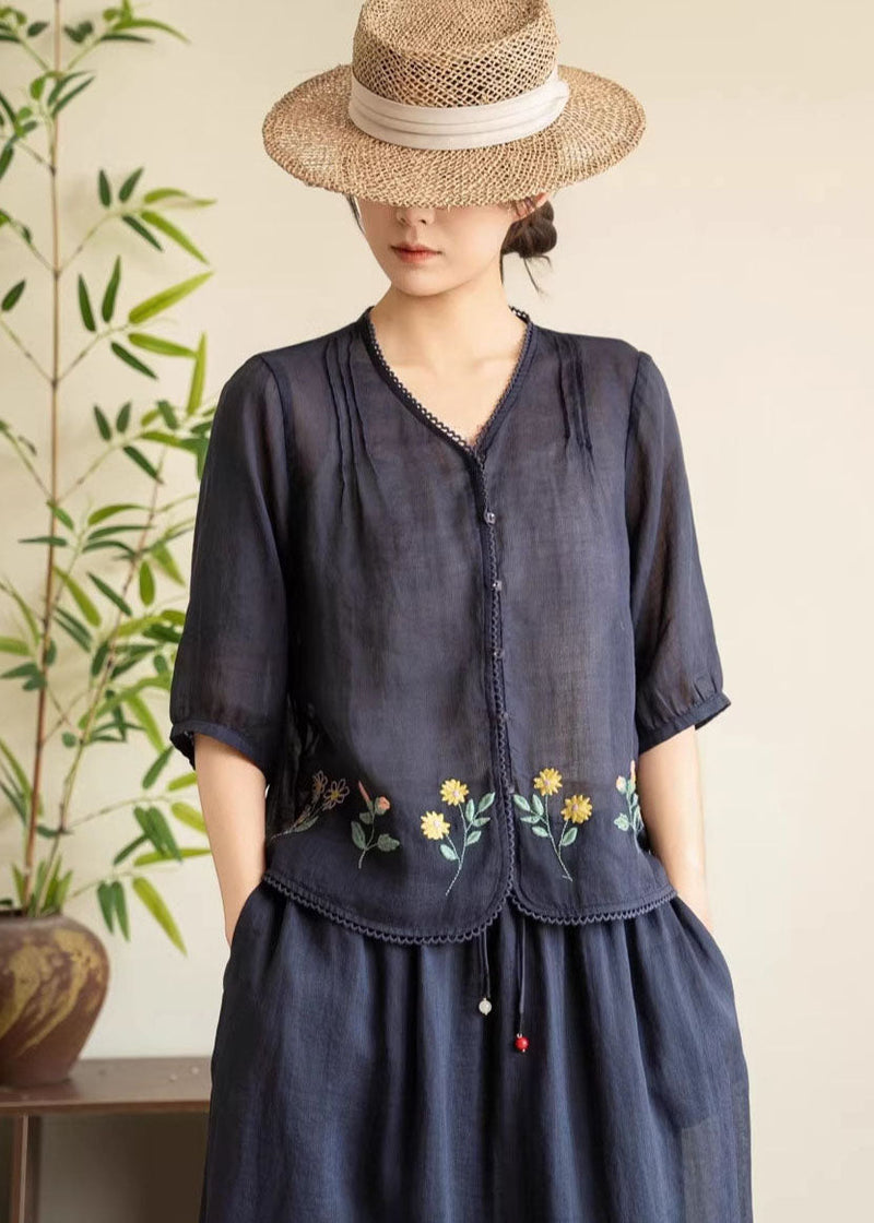 Navy V Neck Embroidered Linen Tops Summer