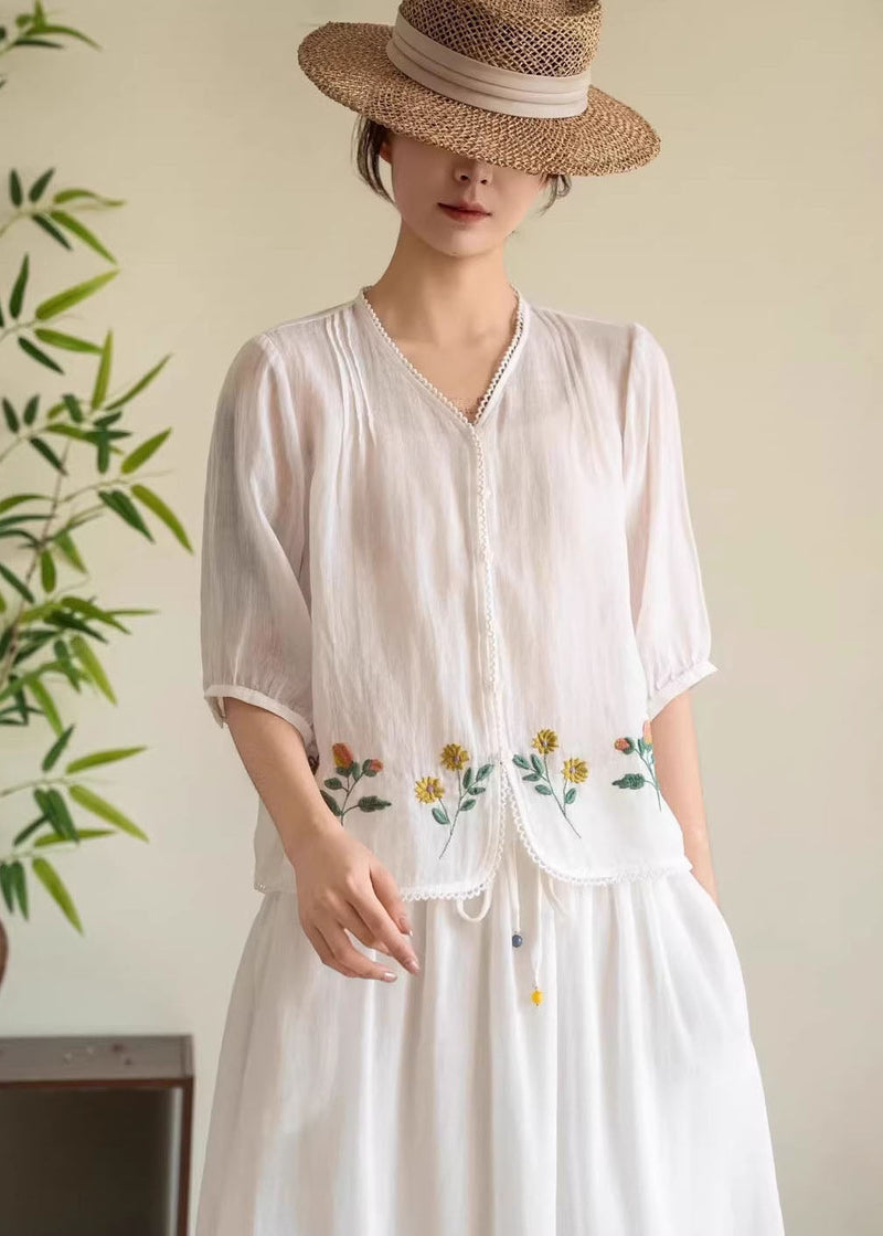 Navy V Neck Embroidered Linen Tops Summer