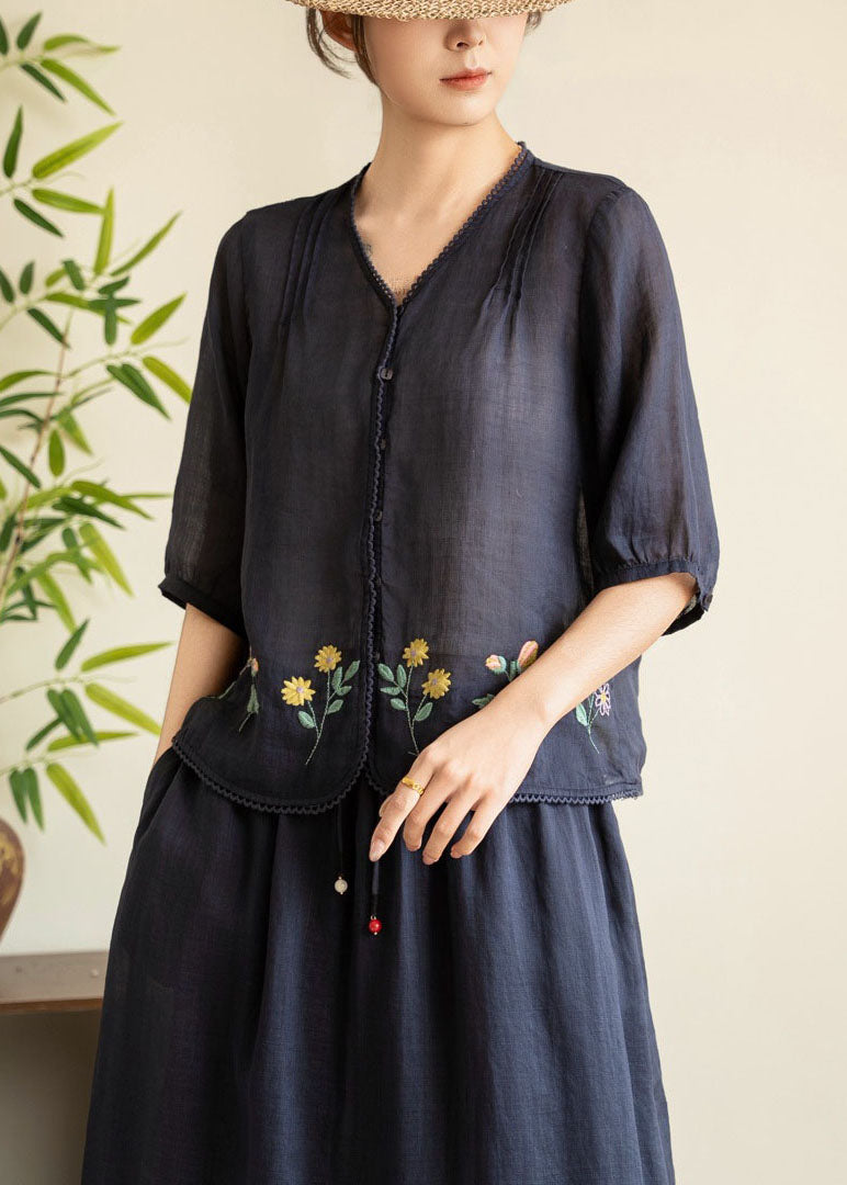 Navy V Neck Embroidered Linen Tops Summer