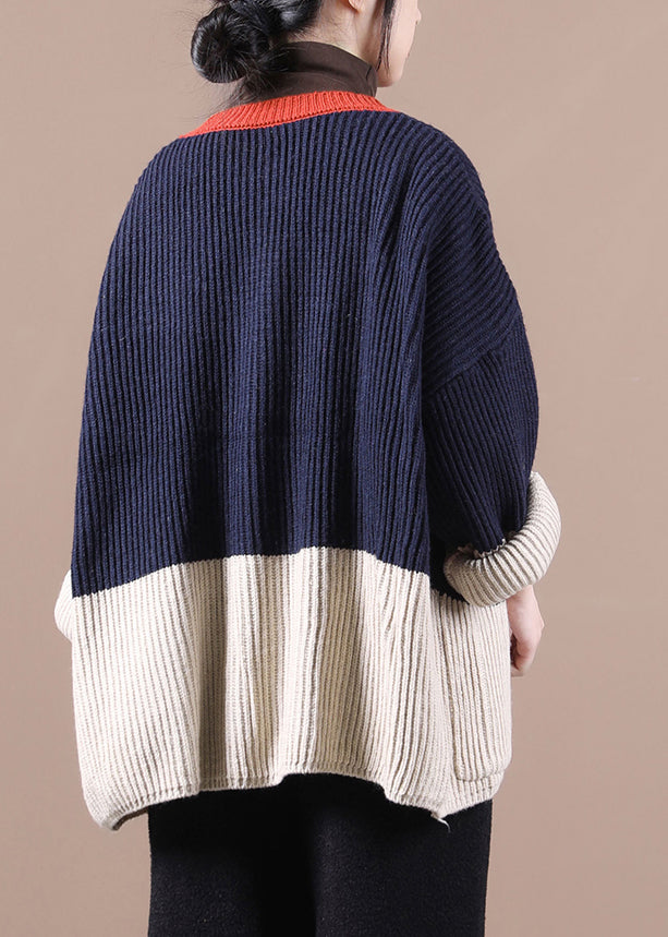 Navy V Neck Patchwork Button Thick Knit Sweaters Coats Fall