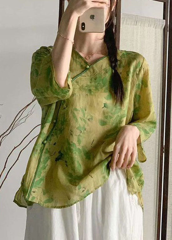 Navy V Neck Print Patchwork Linen Blouse Tops Summer