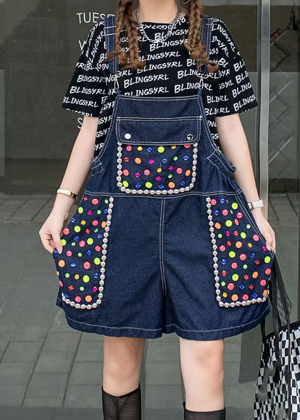Navy Zircon Patchwork Denim Spaghetti Strap Jumpsuits Shorts Summer
