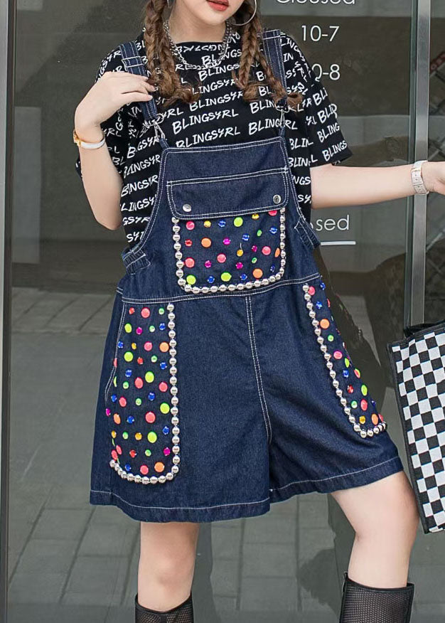 Navy Zircon Patchwork Denim Spaghetti Strap Jumpsuits Shorts Summer