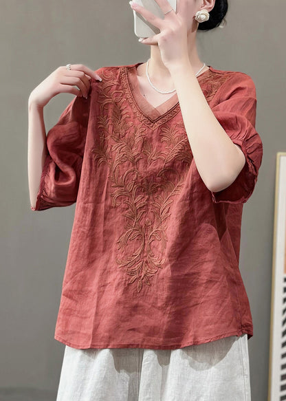 Nwe Purple V Neck Embroidered Linen Top Summer