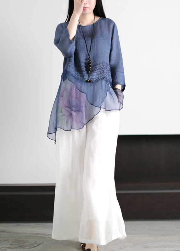 O Neck Asymmetrical Design Print Patchwork Linen Top Summer