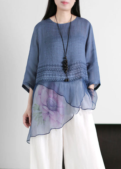 O Neck Asymmetrical Design Print Patchwork Linen Top Summer