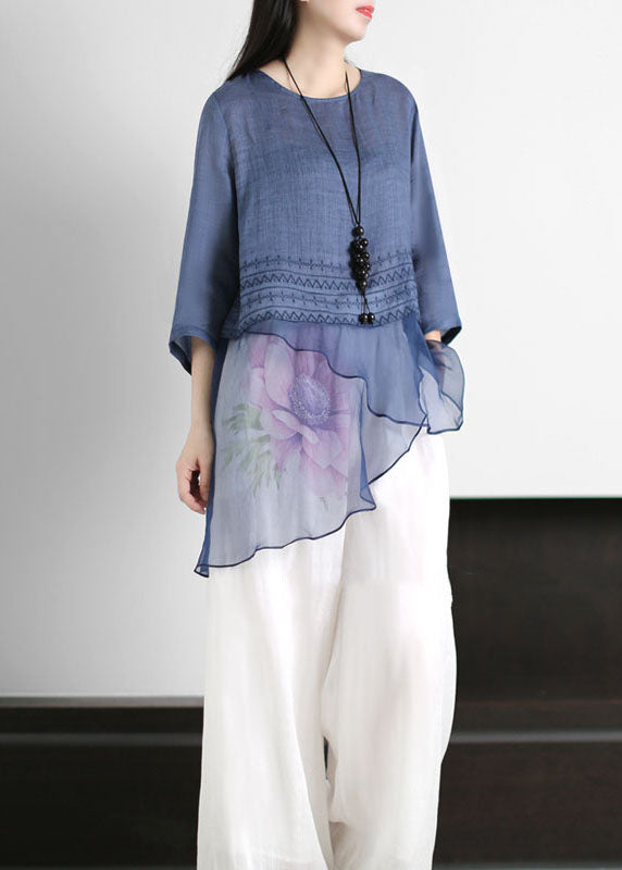 O Neck Asymmetrical Design Print Patchwork Linen Top Summer