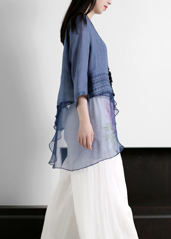 O Neck Asymmetrical Design Print Patchwork Linen Top Summer