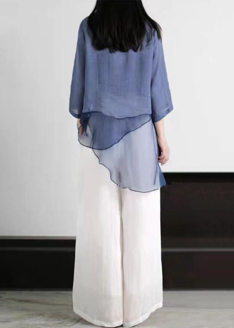 O Neck Asymmetrical Design Print Patchwork Linen Top Summer