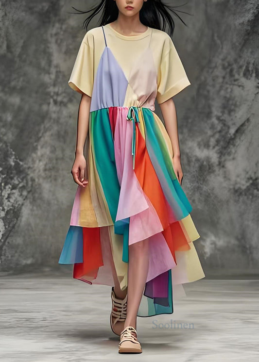 O Neck Asymmetrical Patchwork Cotton Dress Summer