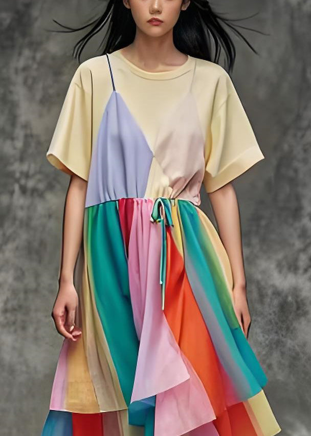 O Neck Asymmetrical Patchwork Cotton Dress Summer