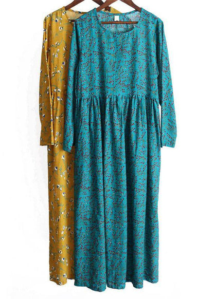 O Neck Cinched Dresses Yellow Print Robe Dress