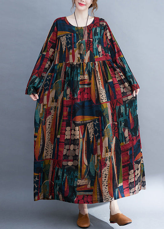 O-neck Exra Large Hem Pockets Print Long Derss Long Sleeve