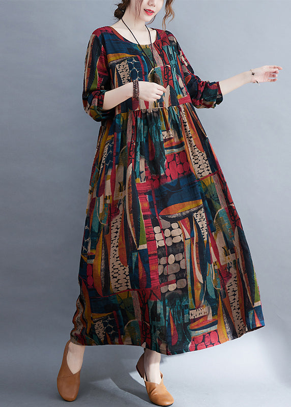 O-neck Exra Large Hem Pockets Print Long Derss Long Sleeve