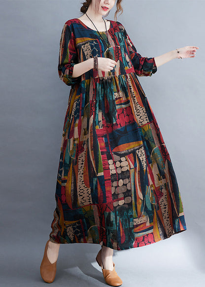 O-neck Exra Large Hem Pockets Print Long Derss Long Sleeve