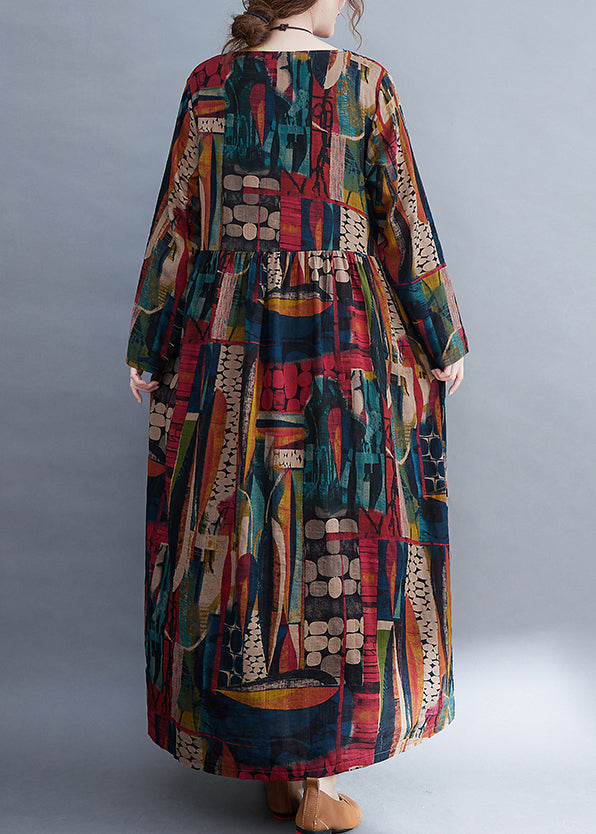 O-neck Exra Large Hem Pockets Print Long Derss Long Sleeve