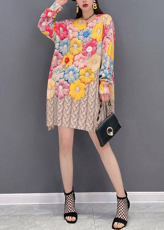 O-neck Print Chiffon Mid Dresses Long Sleeve