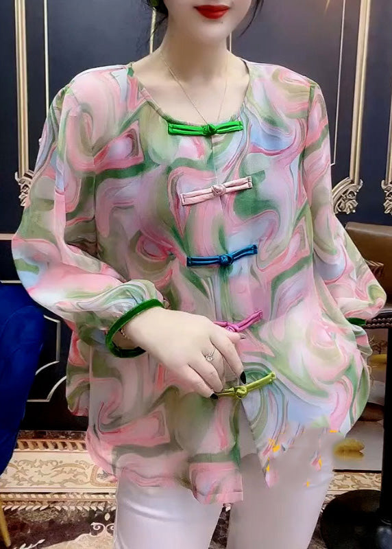 O-neck Print Button Chiffon Shirt Long Sleeve