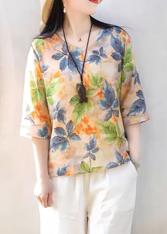 O Neck Print Patchwork Cotton Top Half Sleeve