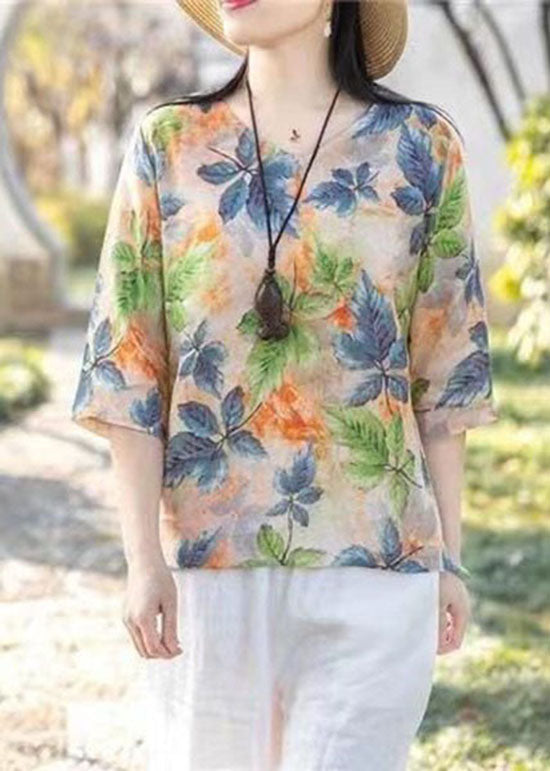 O Neck Print Patchwork Cotton Top Half Sleeve