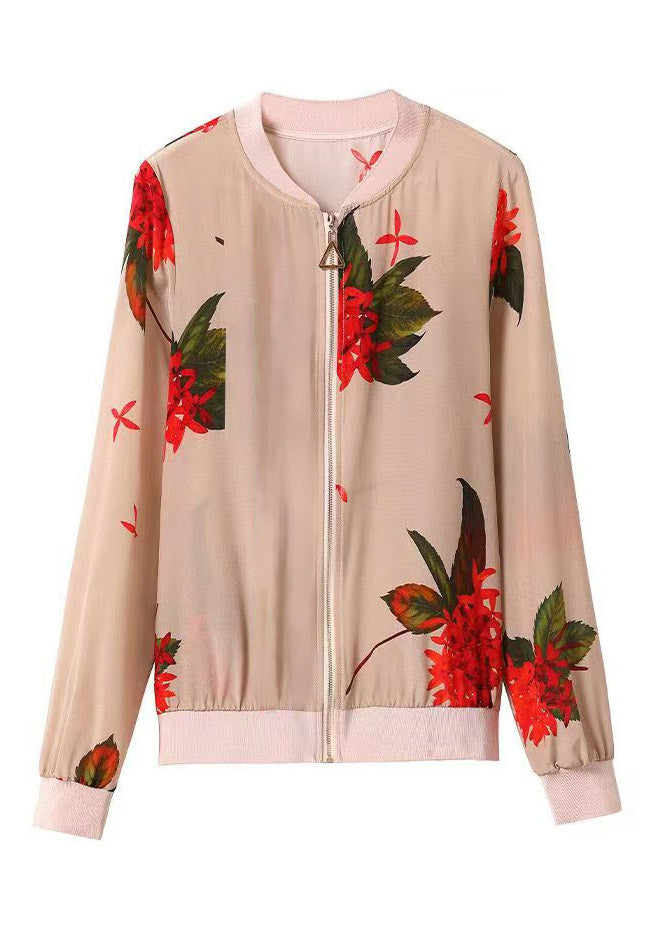 O-neck Print Zippered Chiffon Sunscreen Coats Summer